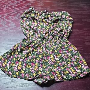 Black Floral Strapless Romper with Pink & Yellow Blooms